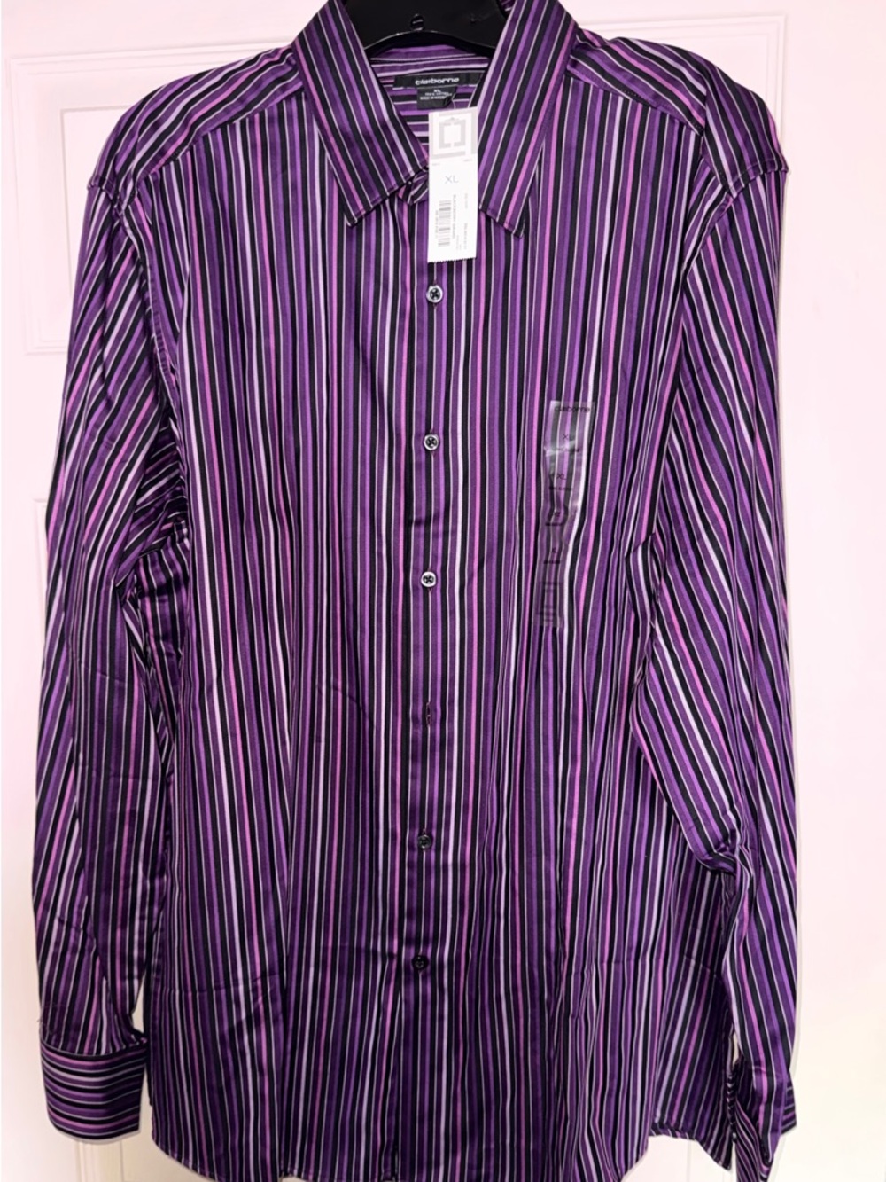 Claiborne Men's Purple and Black Striped Dress Shirt